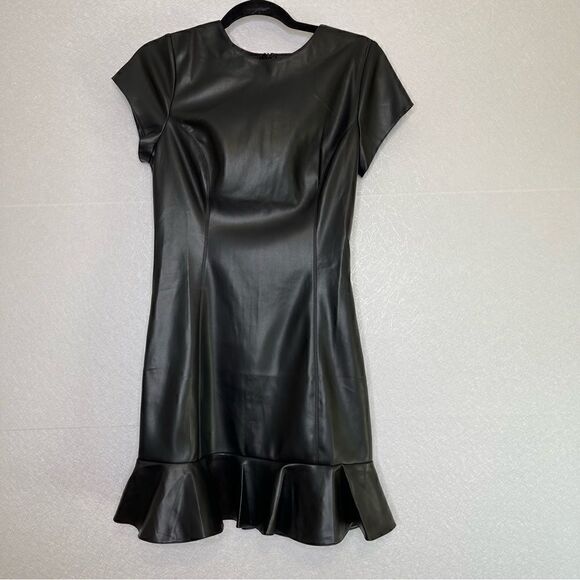susana Monaco Faux Leather Ruffle Mini Dress Black M - Picture 2 of 5